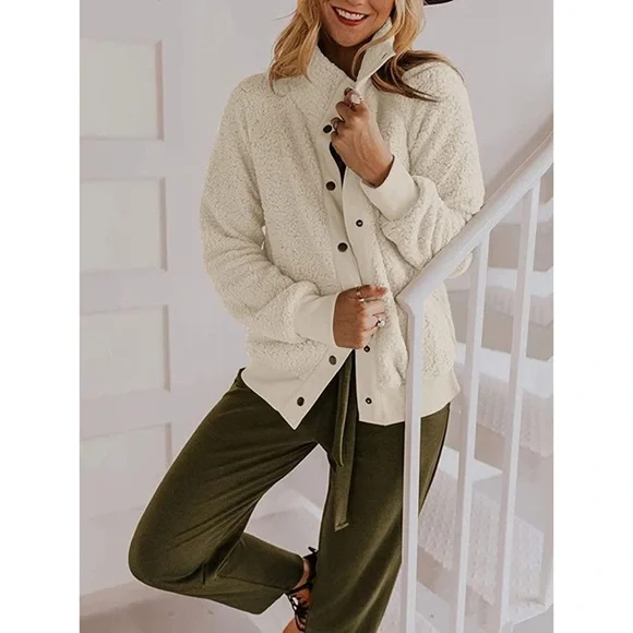 Sherpa Fleece Jacket Warm Long Sleeve Button Down Fuzzy Faux Wool with Pockets S - Picture 3 of 12